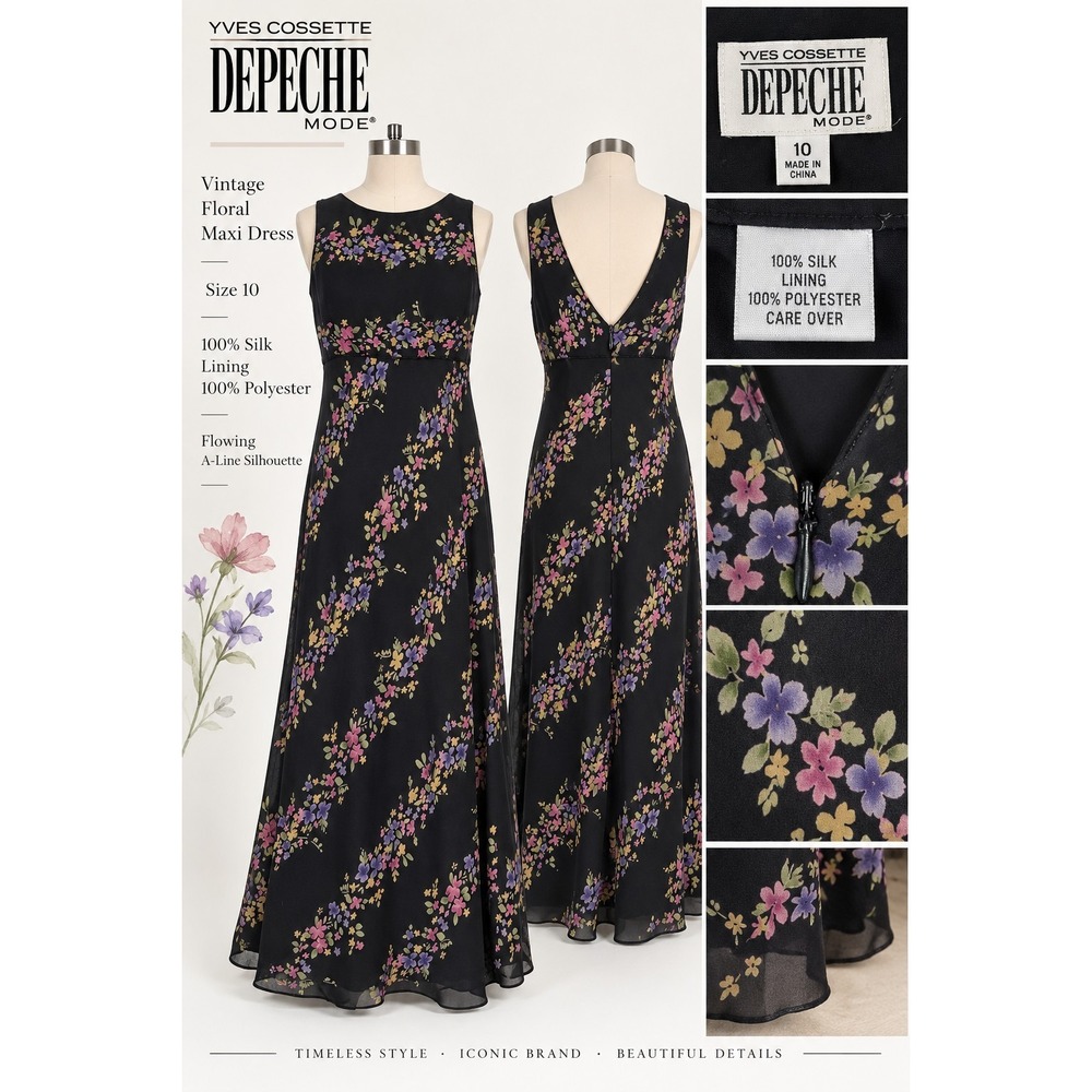 Vintage Depeche Mode Yves Cossette Dress 10 Black Floral Silk Lined Maxi